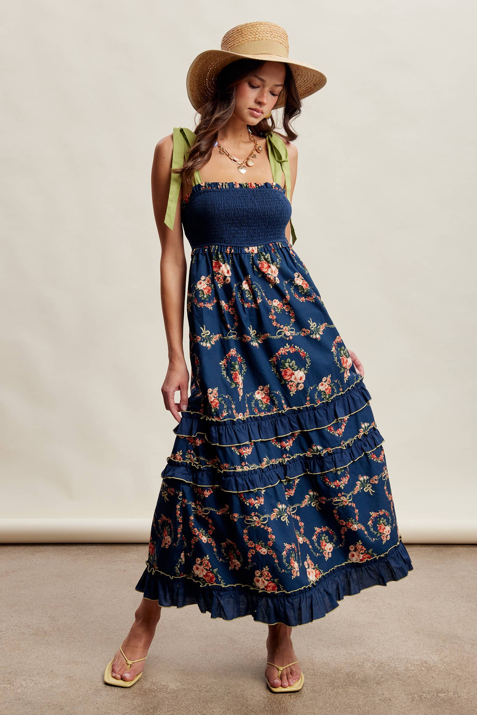 FLORAL SMOCKED TIERED MAXI DRESS