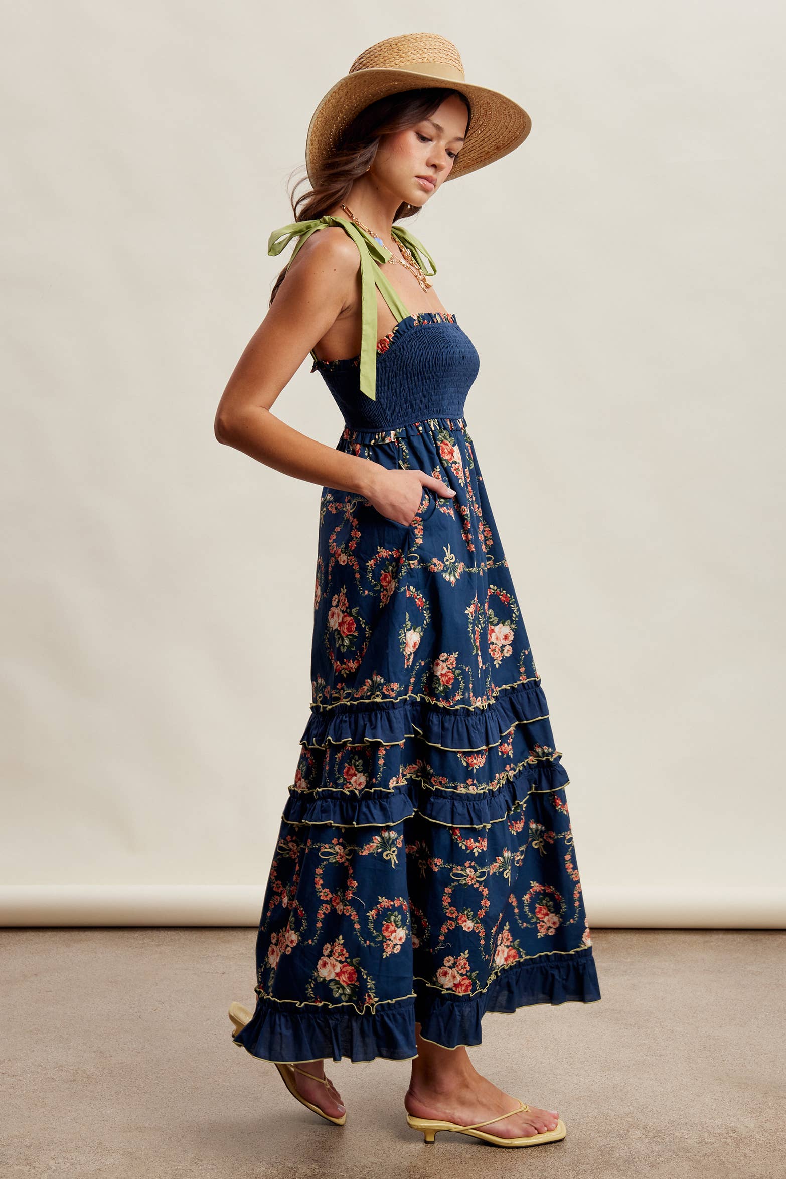 FLORAL SMOCKED TIERED MAXI DRESS