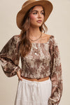 SILKY SATIN FLORAL SMOCKED SQUARE NECK BLOUSE TOP