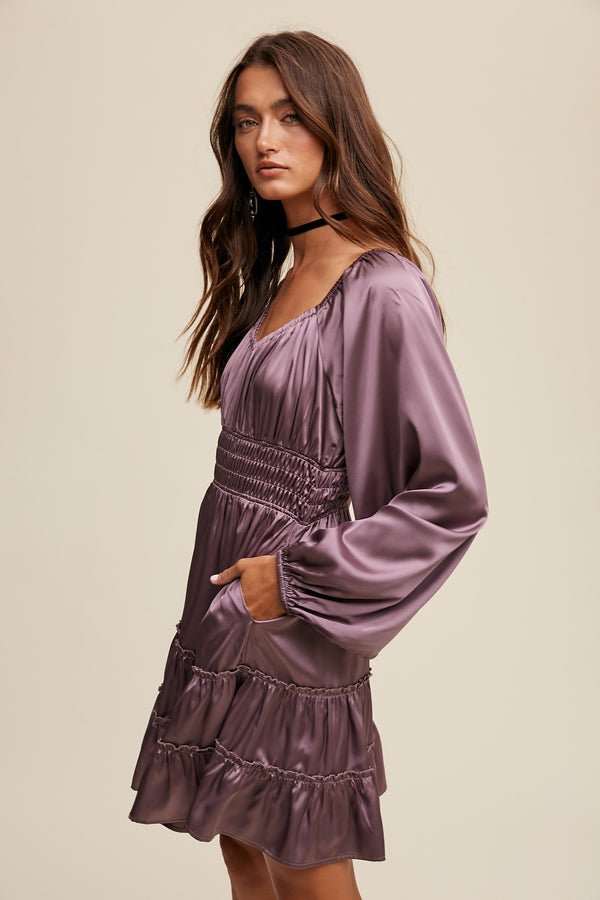 SWEETHEART LONG SLEEVE SATIN DRESS