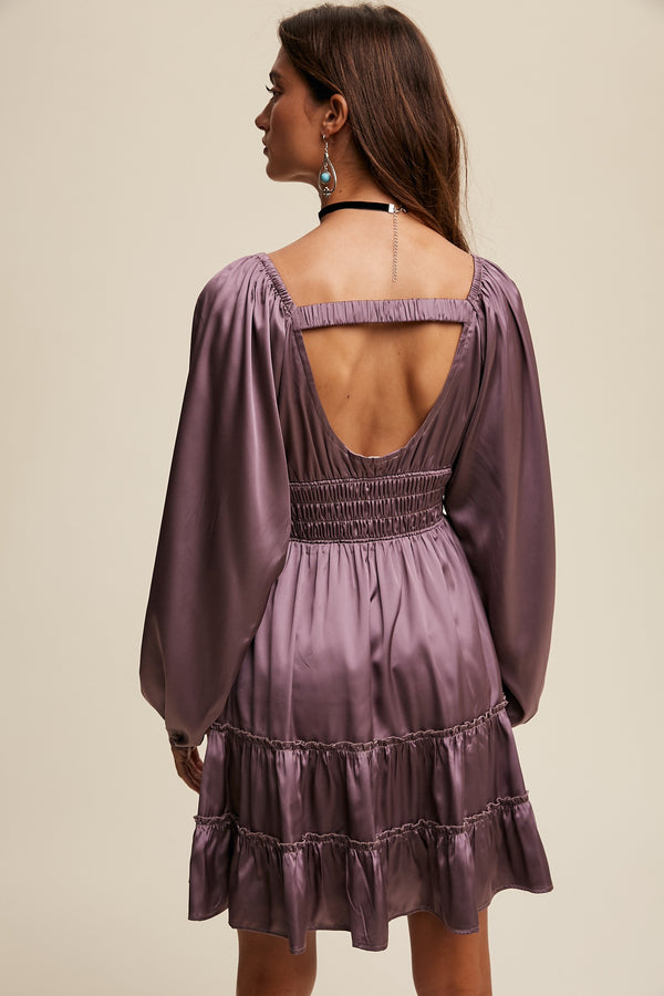 SWEETHEART LONG SLEEVE SATIN DRESS