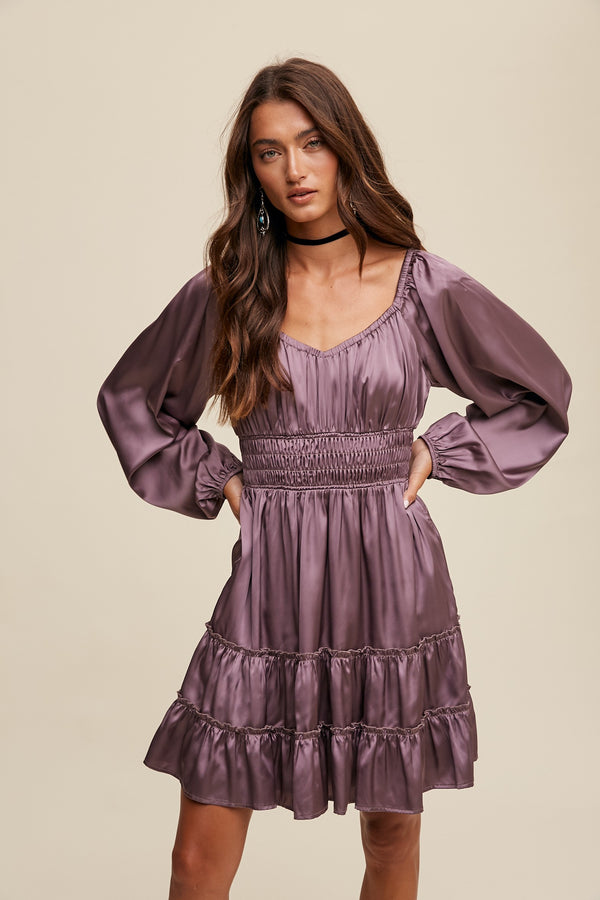 SWEETHEART LONG SLEEVE SATIN DRESS