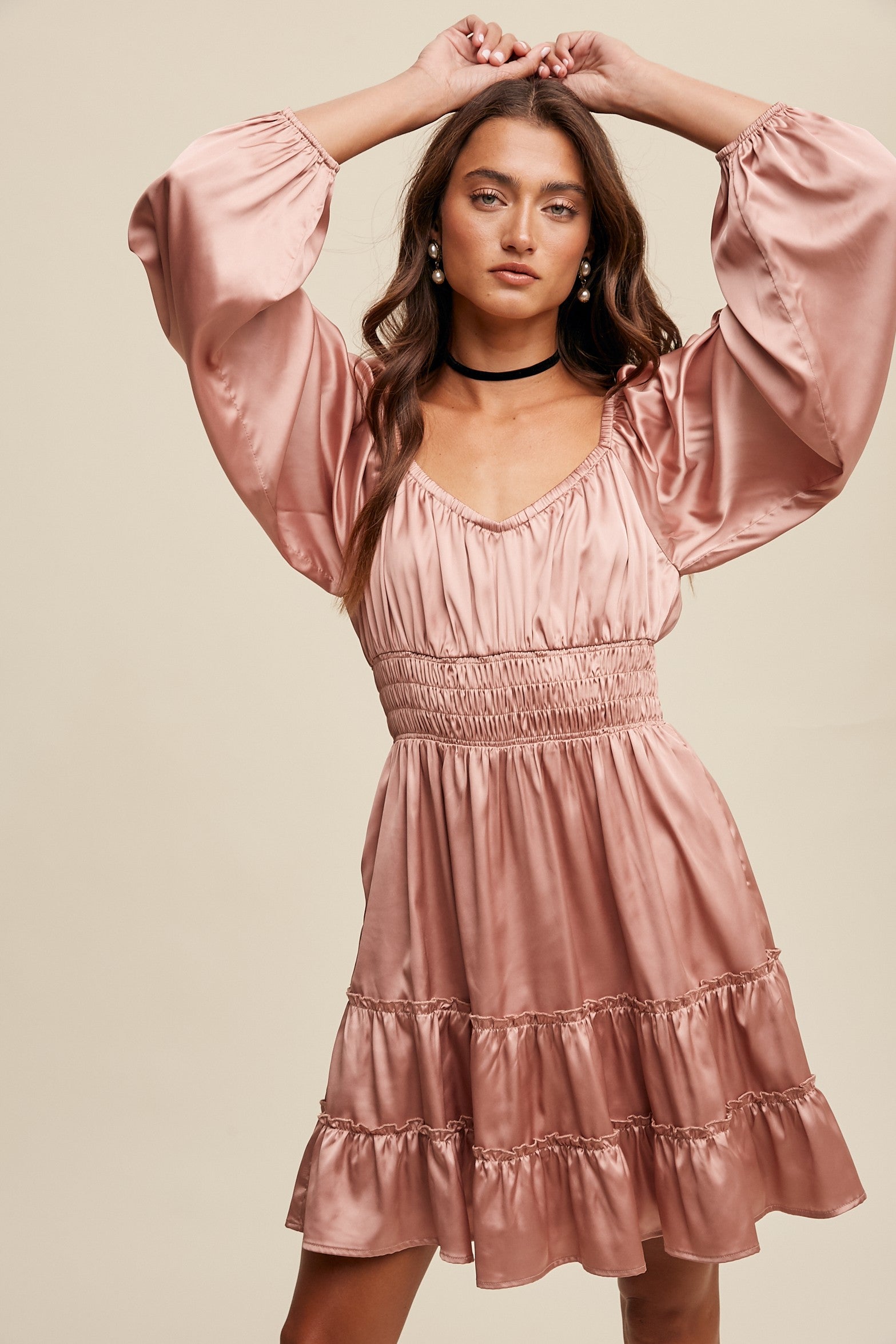 SWEETHEART LONG SLEEVE SATIN DRESS