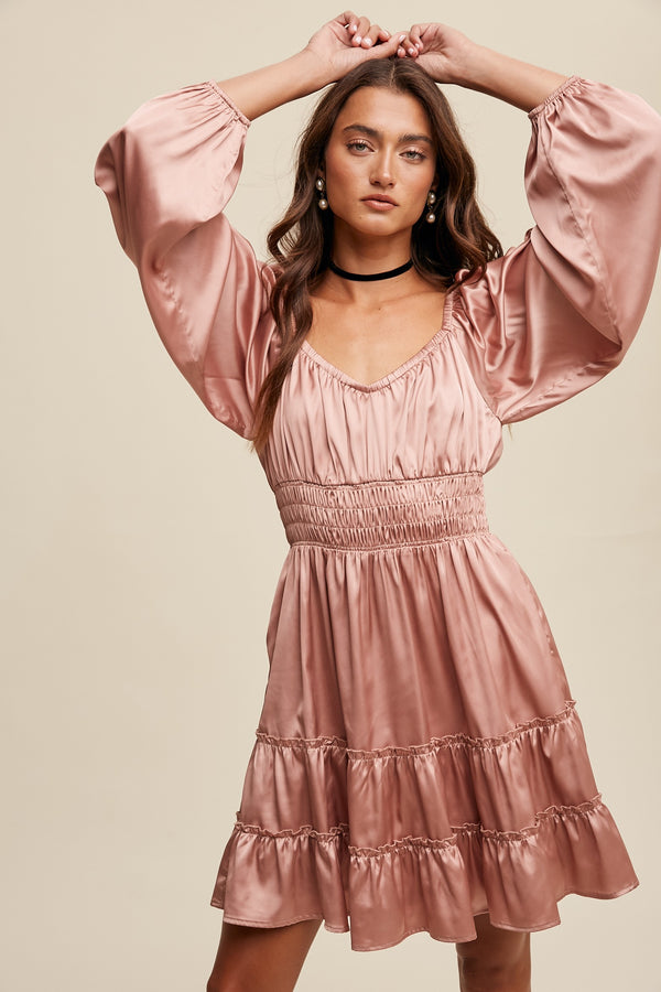 SWEETHEART LONG SLEEVE SATIN DRESS