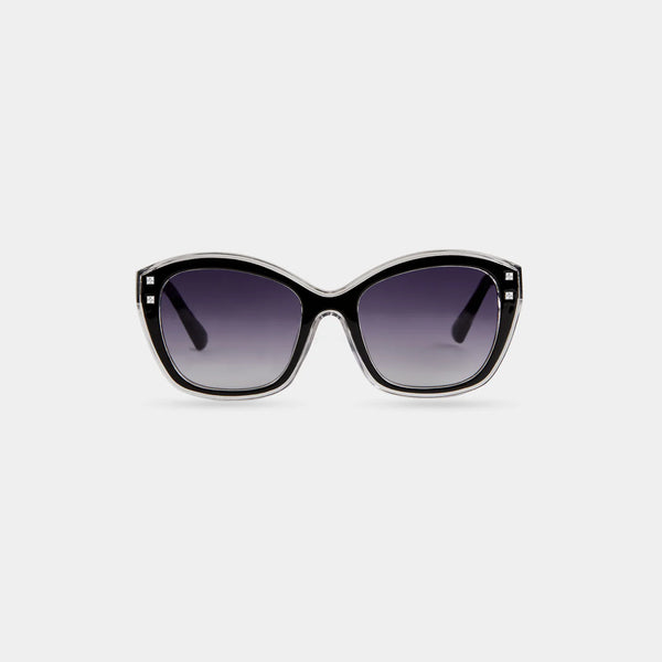 A pair of fashion sunglasses with a patterned frame and gradient lenses.