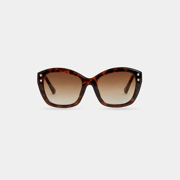 A pair of fashion sunglasses with a patterned frame and gradient lenses.