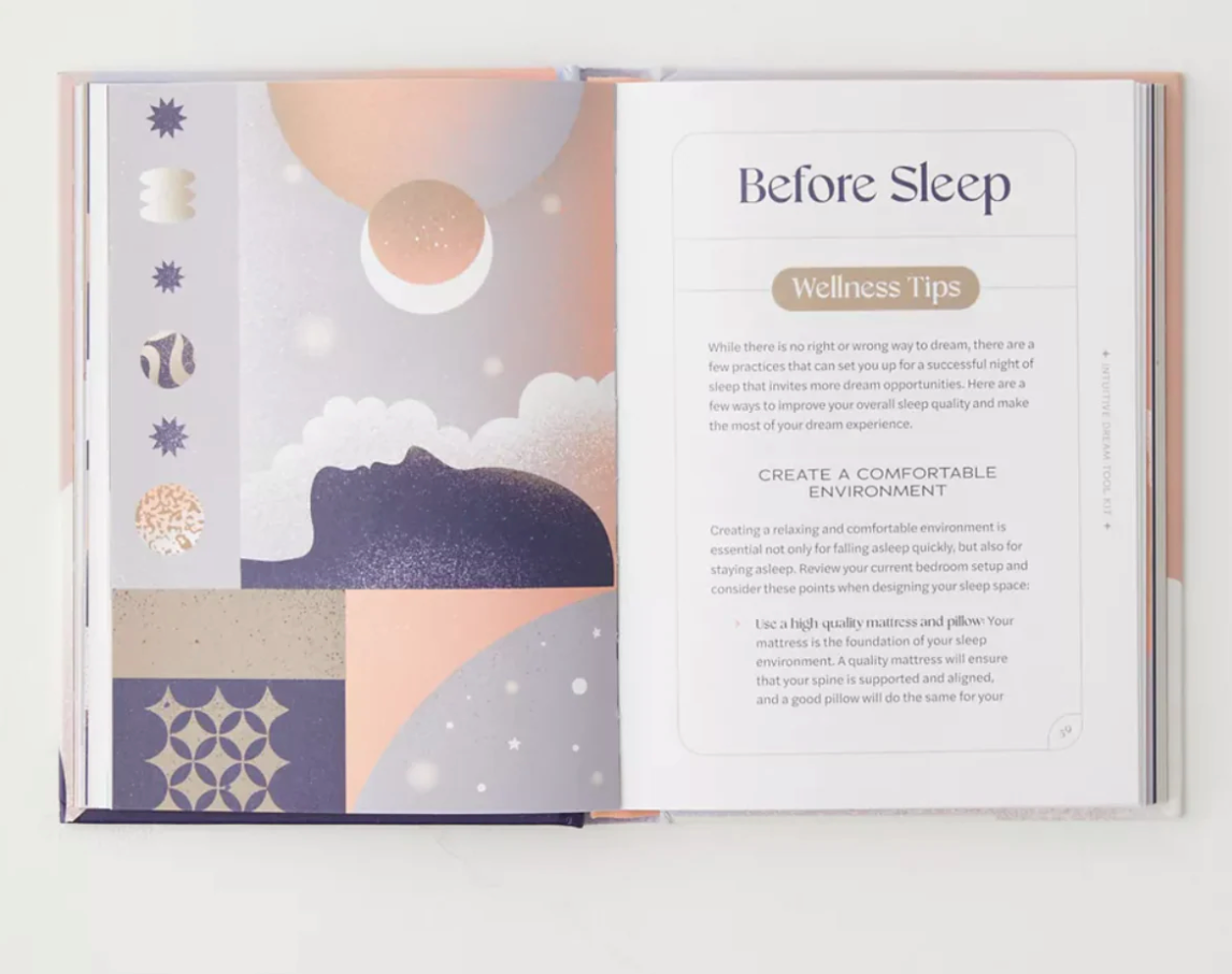 Open book with a sleep-themed design on a white background