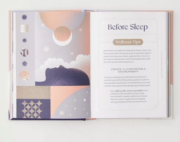 Open book with a sleep-themed design on a white background