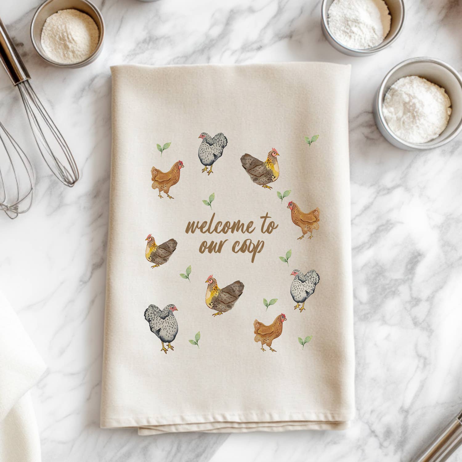 WELCOME TO OUR COOP- WATERCOLOR KITCHEN TOWELS