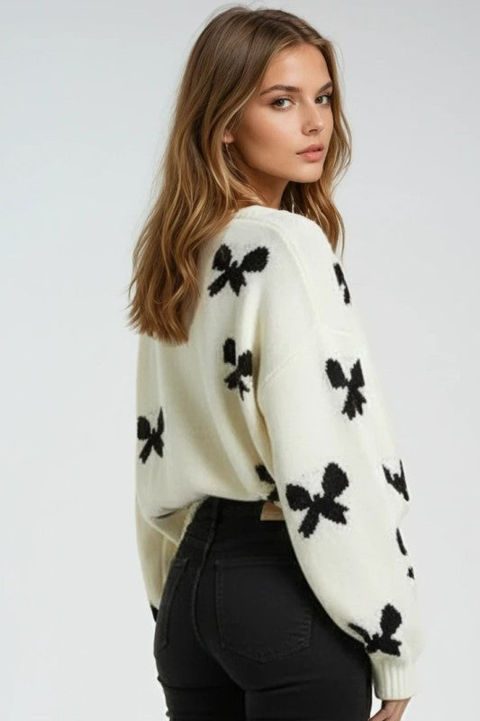 BOW PRINT TIE-FRONT CARDIGAN