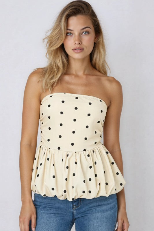 POLKA DOT STRAPLESS PEPLUM TOP