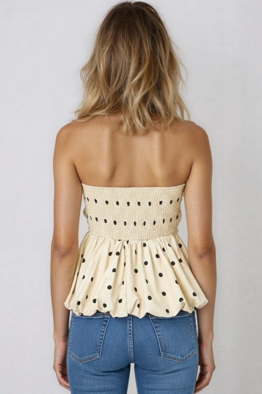 POLKA DOT STRAPLESS PEPLUM TOP