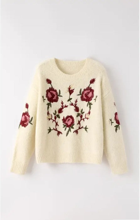 FLORAL EMBROIDERED KNIT SWEATER