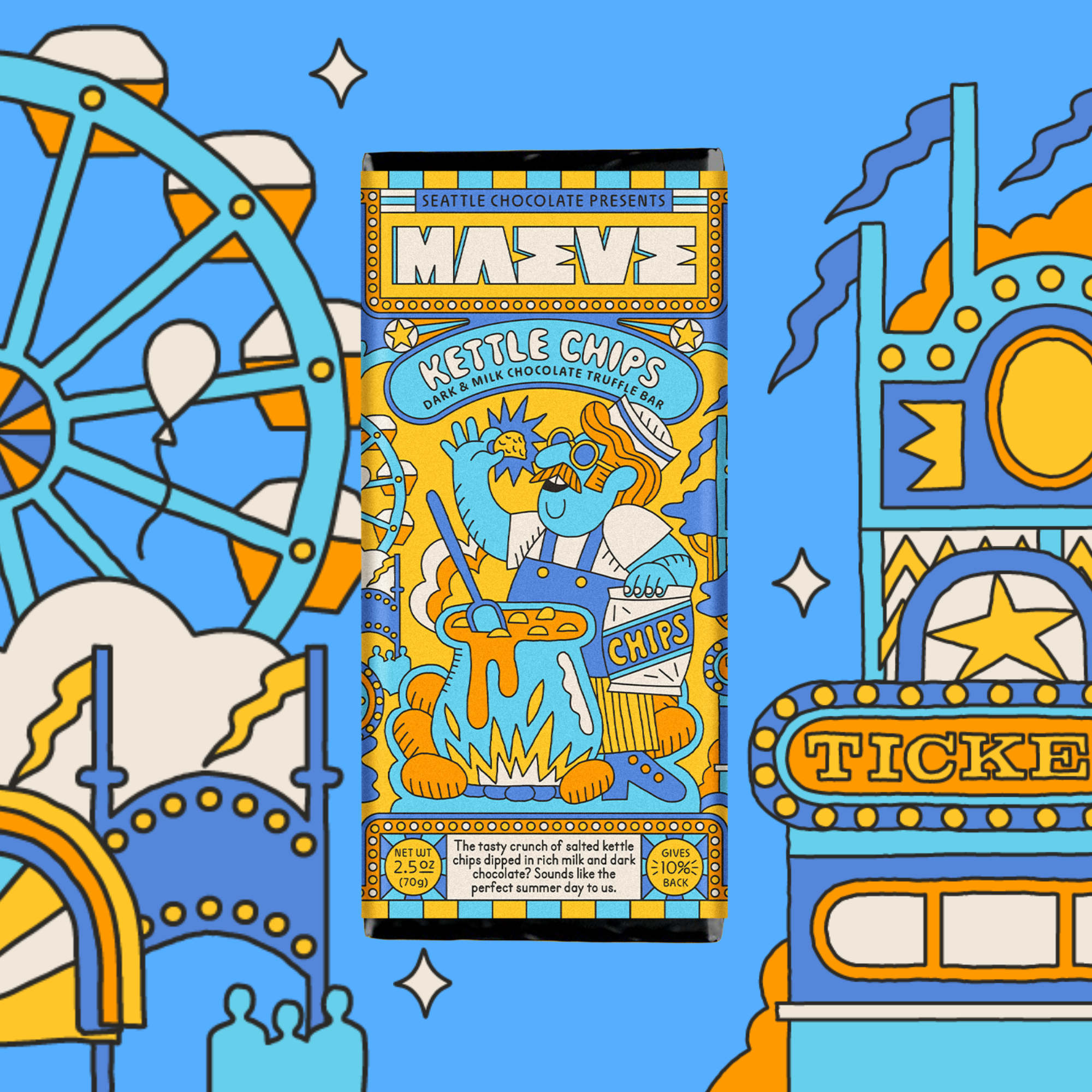 Chocolate bar packaging with colorful design against a blue background with carnival illustrations.