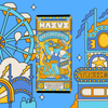 Chocolate bar packaging with colorful design against a blue background with carnival illustrations.