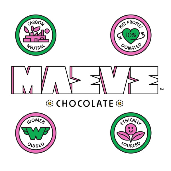 Mavee Chocolate logo with certification badges on a white background