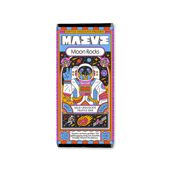 Colorful packaging of Maeve Moon Rocks chocolate bar with a cartoon astronaut design on a white background.