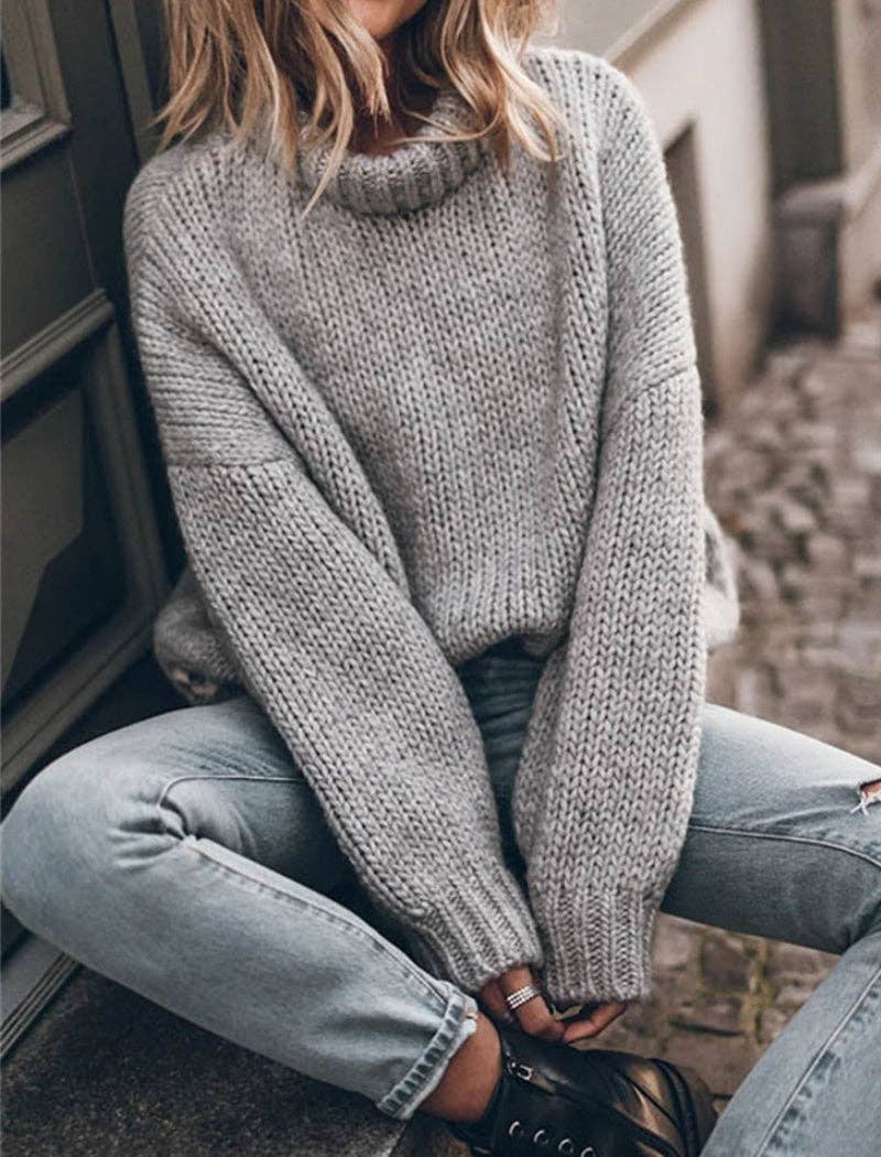 SLOUCHY GRAY KNIT TURTLENECK SWEATER
