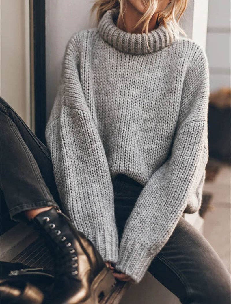 SLOUCHY GRAY KNIT TURTLENECK SWEATER