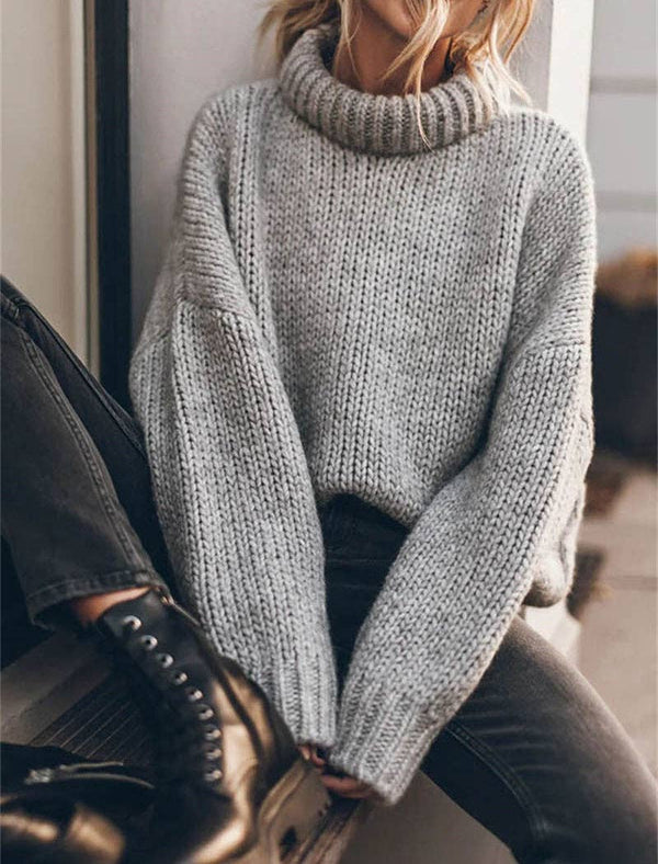 SLOUCHY GRAY KNIT TURTLENECK SWEATER
