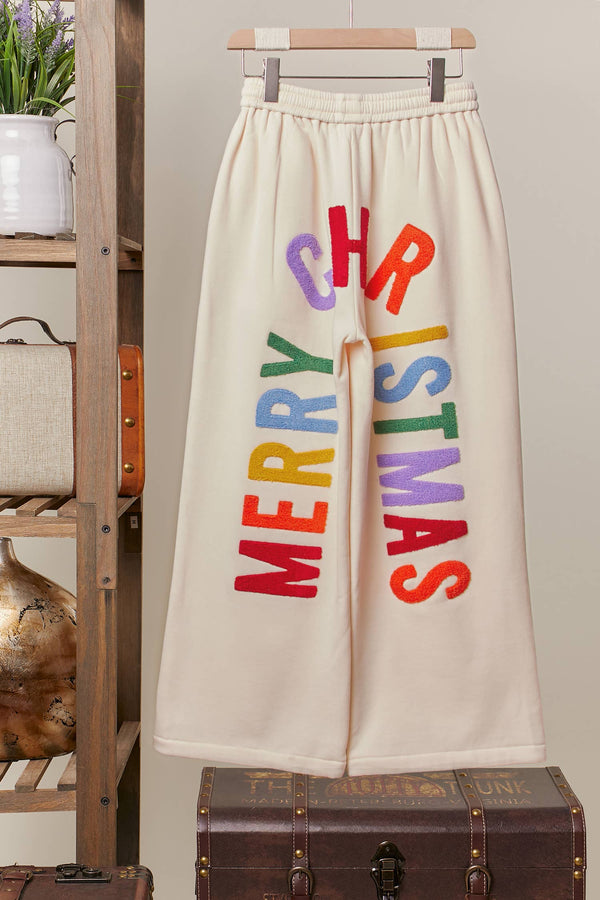 CREAM MERRY CHRISTMAS LETTERED SWEATPANTS