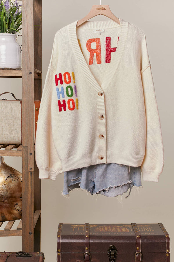HO HO HO CHRISTMAS PATCHWORK V-NECK CARDIGAN