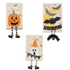 Three decorative kitchen towels with Halloween themes, including a pumpkin, a bat, and a ghost design.