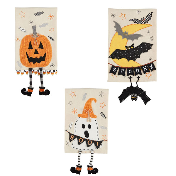 Three decorative kitchen towels with Halloween themes, including a pumpkin, a bat, and a ghost design.