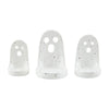 A set of three white ceramic tea light holders with a ghost face design.