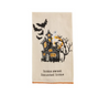 Halloween-themed towel with haunted house design and text on a white background