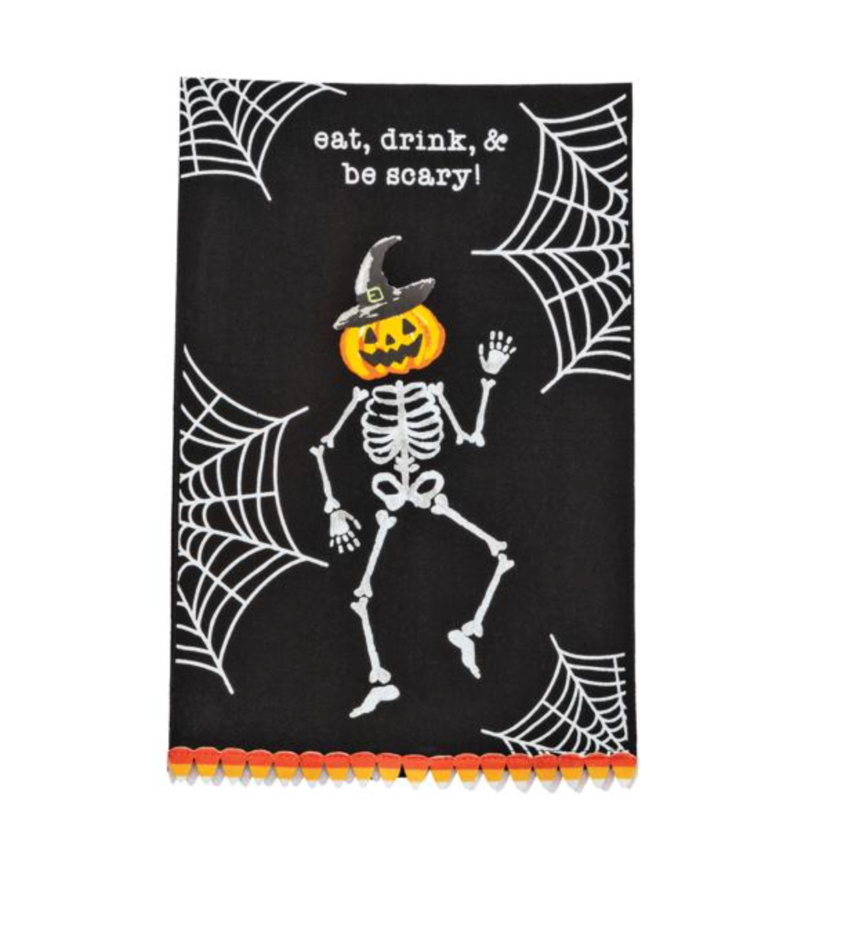 Halloween-themed towel with skeleton and pumpkin design on a black background with spider webs.