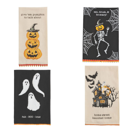 Set of four Halloween-themed kitchen towels with graphics and text.