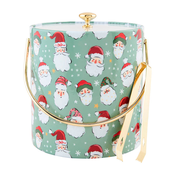 A festive vinyl ice bucket with a Santa Claus design, featuring a clear acrylic lid and stainless steel tongs.