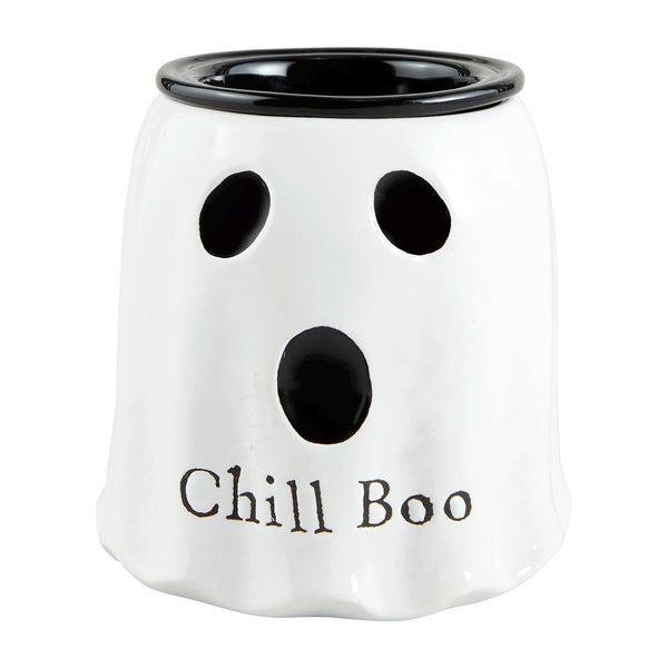 A white ceramic ghost-shaped dip server with black eyes and a detachable black dish on top, labeled 'Chill Boo'.