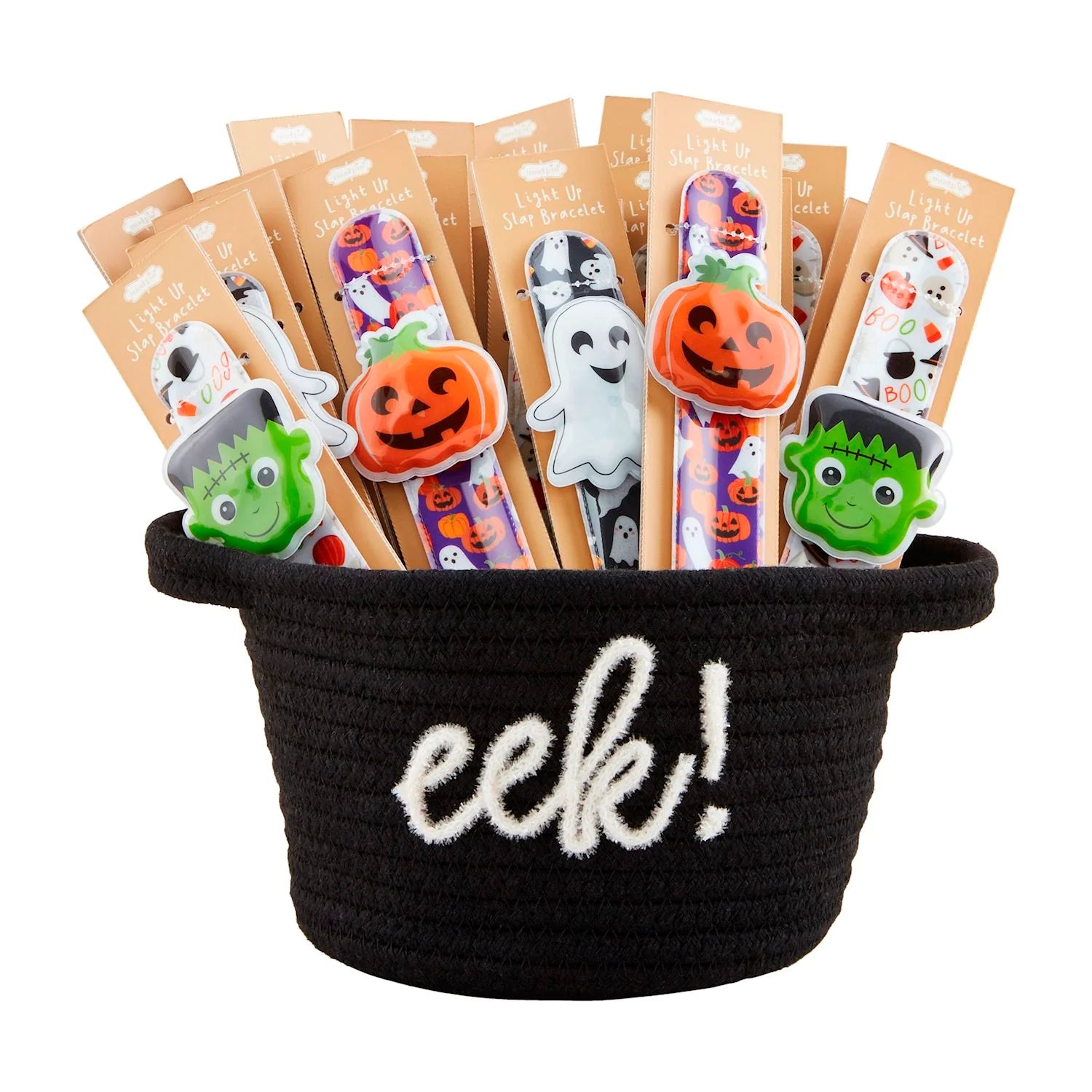 A collection of light-up slap bracelets with various Halloween-themed designs such as ghosts, pumpkins, and cats, packaged in a black basket with the text 'EELK!' on the front.