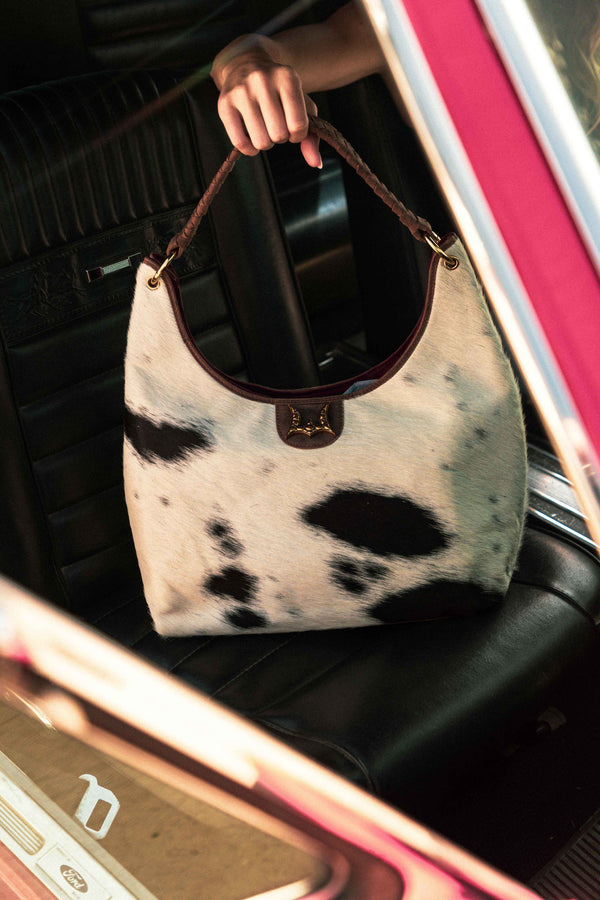 LW LARGE PURSE - BLACK & WHITE COWHIDE WITH OILED RUBY LEATHER