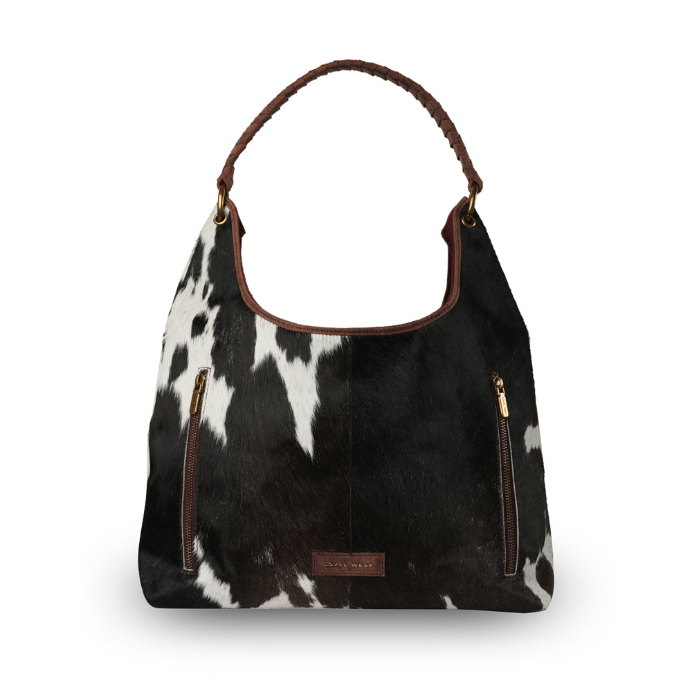 LW LARGE PURSE - BLACK & WHITE COWHIDE WITH OILED RUBY LEATHER
