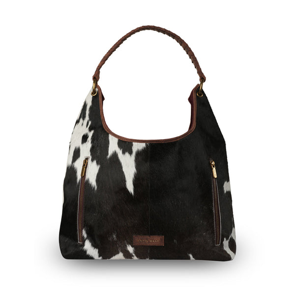 LW LARGE PURSE - BLACK & WHITE COWHIDE WITH OILED RUBY LEATHER