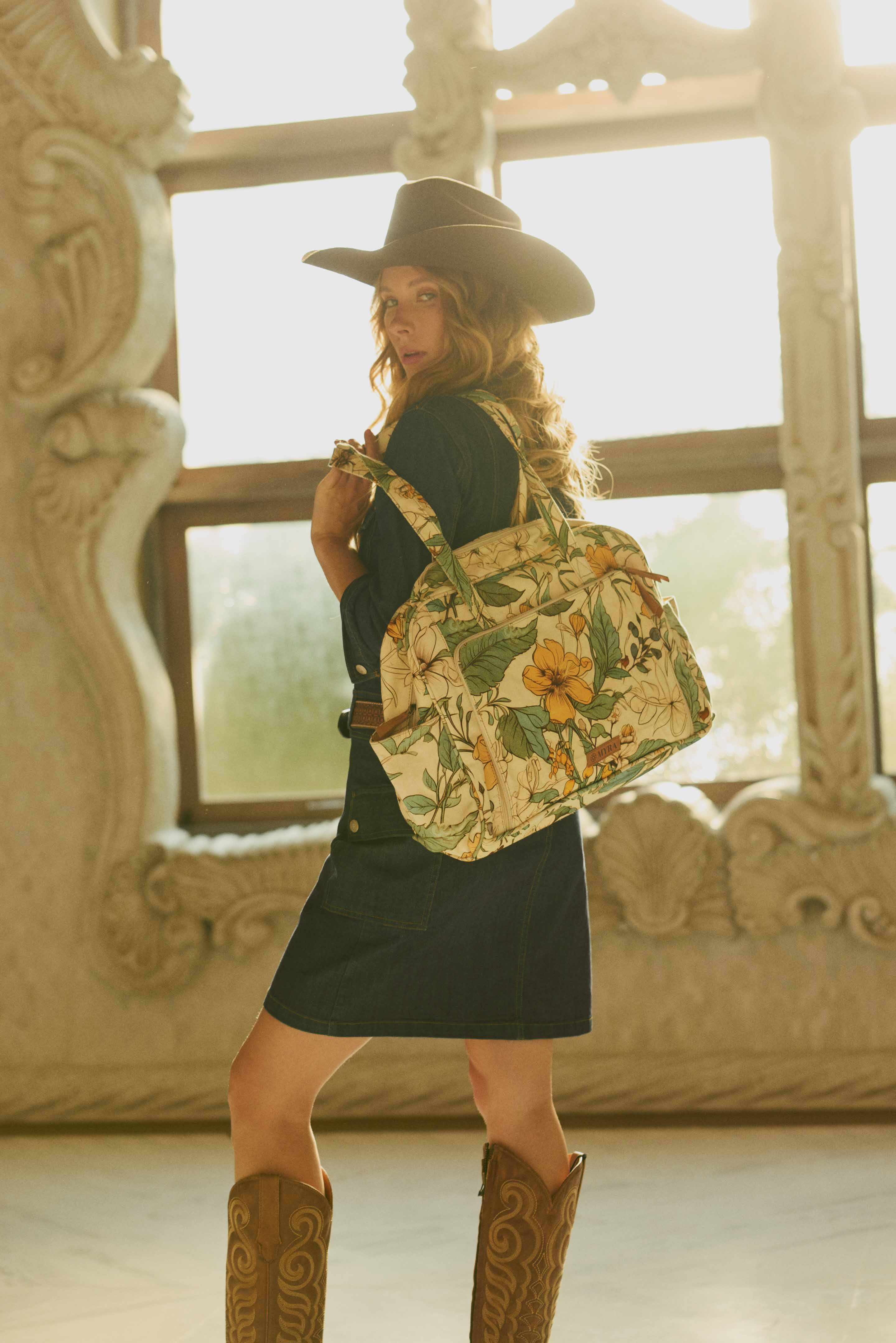 MYRA SUNNYFIELD COTTON DIAPER BAG IN OCHRE FERN