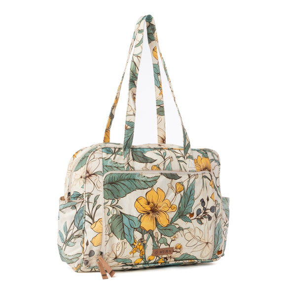 MYRA SUNNYFIELD COTTON DIAPER BAG IN OCHRE FERN