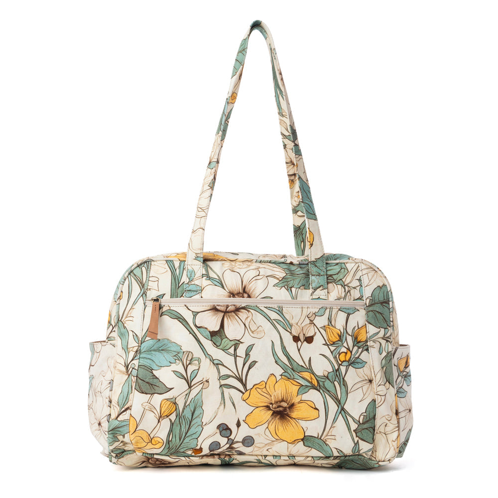 MYRA SUNNYFIELD COTTON DIAPER BAG IN OCHRE FERN