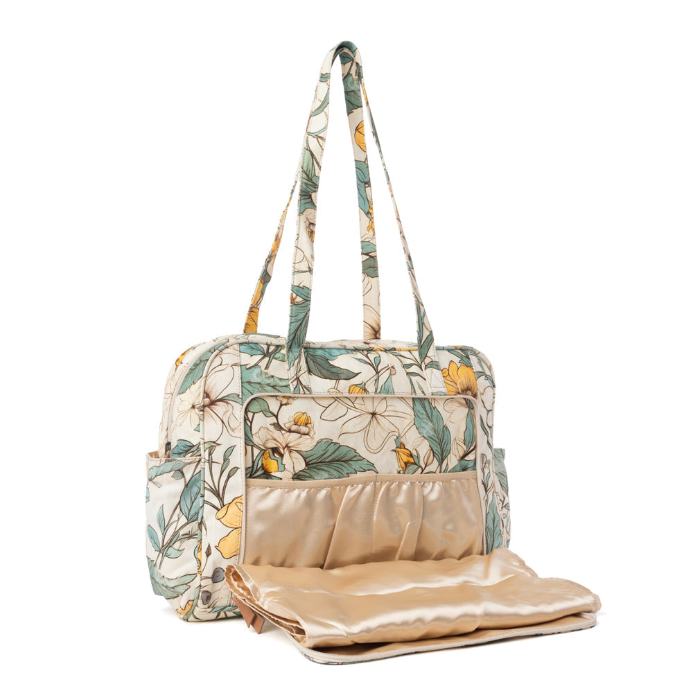 MYRA SUNNYFIELD COTTON DIAPER BAG IN OCHRE FERN