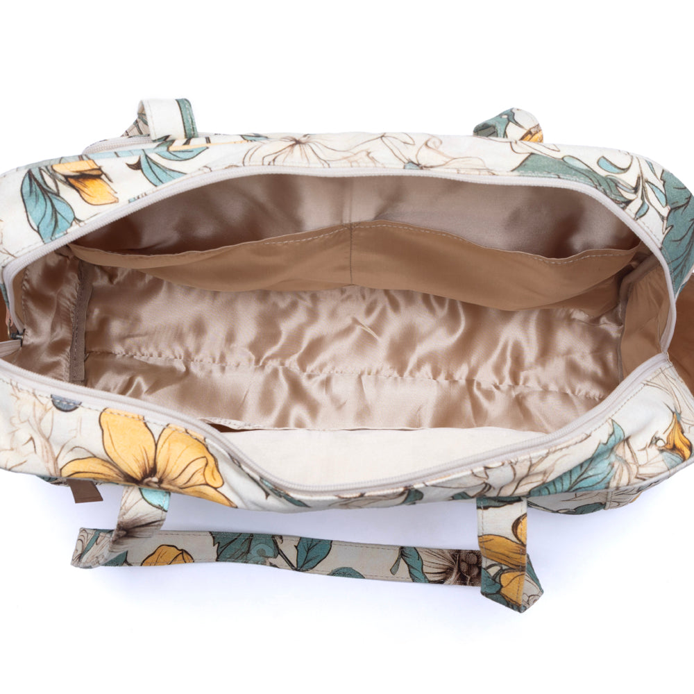 MYRA SUNNYFIELD COTTON DIAPER BAG IN OCHRE FERN