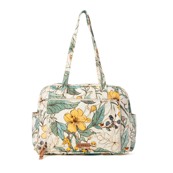 MYRA SUNNYFIELD COTTON DIAPER BAG IN OCHRE FERN