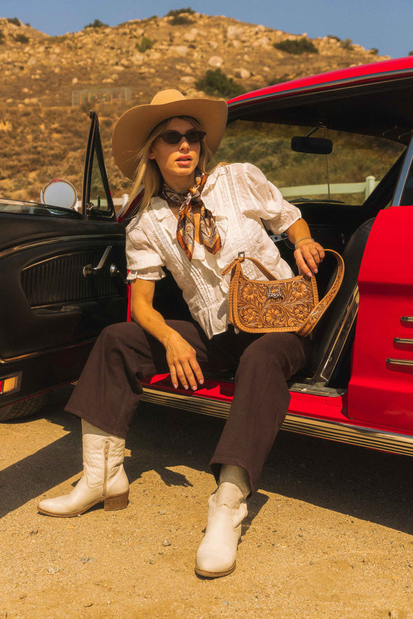 HANDTOOLED DANNIA LARGE PURSE - SADDLE BROWN
