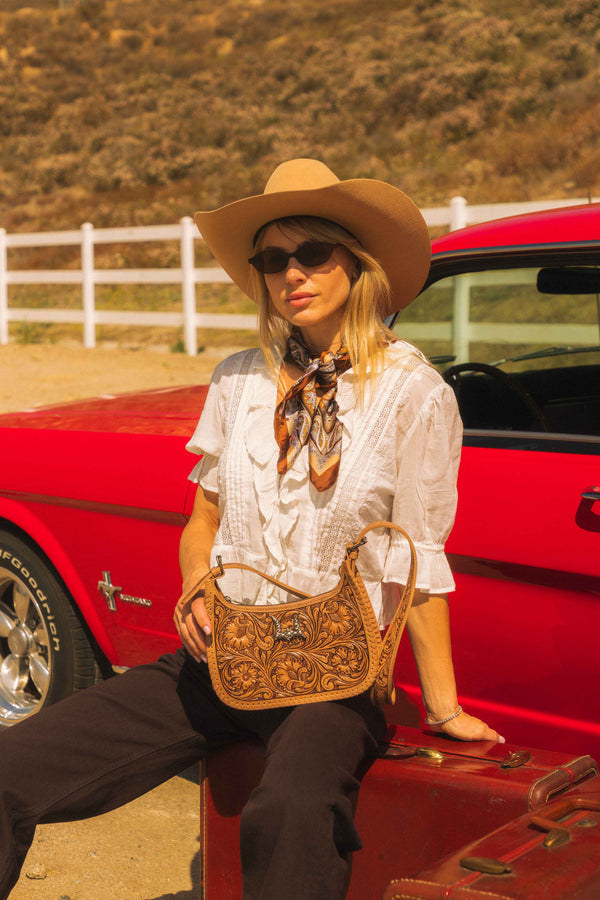 HANDTOOLED DANNIA LARGE PURSE - SADDLE BROWN