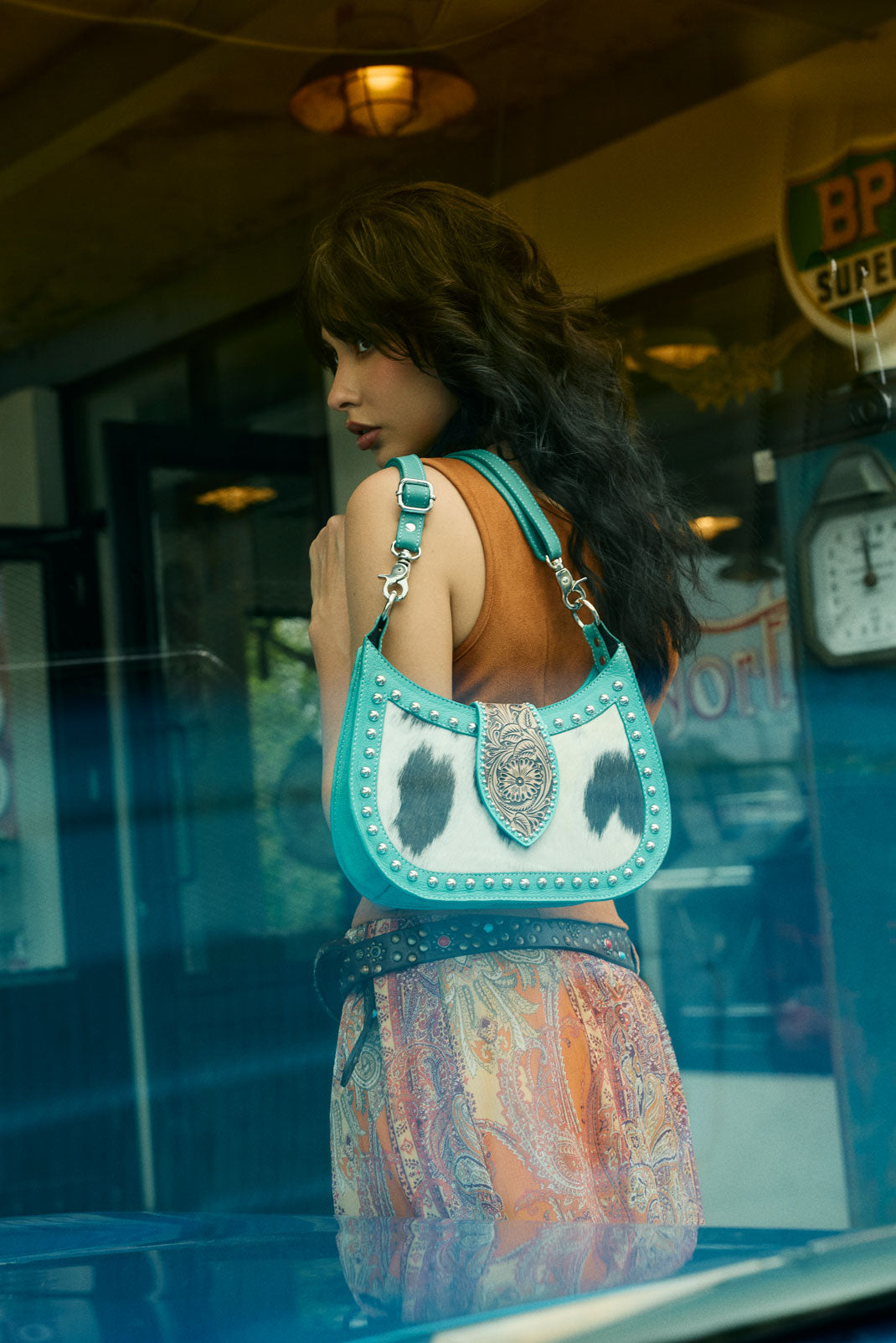 MYRA SANTA FE HANDTOOLED BAG FOR WOMEN IN TURQUOISE WITH HAIRON AND STUDDED DETAIL