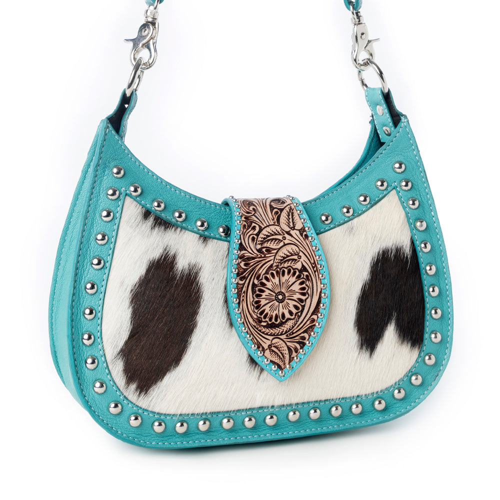 MYRA SANTA FE HANDTOOLED BAG FOR WOMEN IN TURQUOISE WITH HAIRON AND STUDDED DETAIL