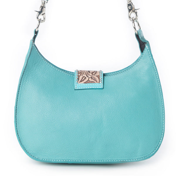 MYRA SANTA FE HANDTOOLED BAG FOR WOMEN IN TURQUOISE WITH HAIRON AND STUDDED DETAIL