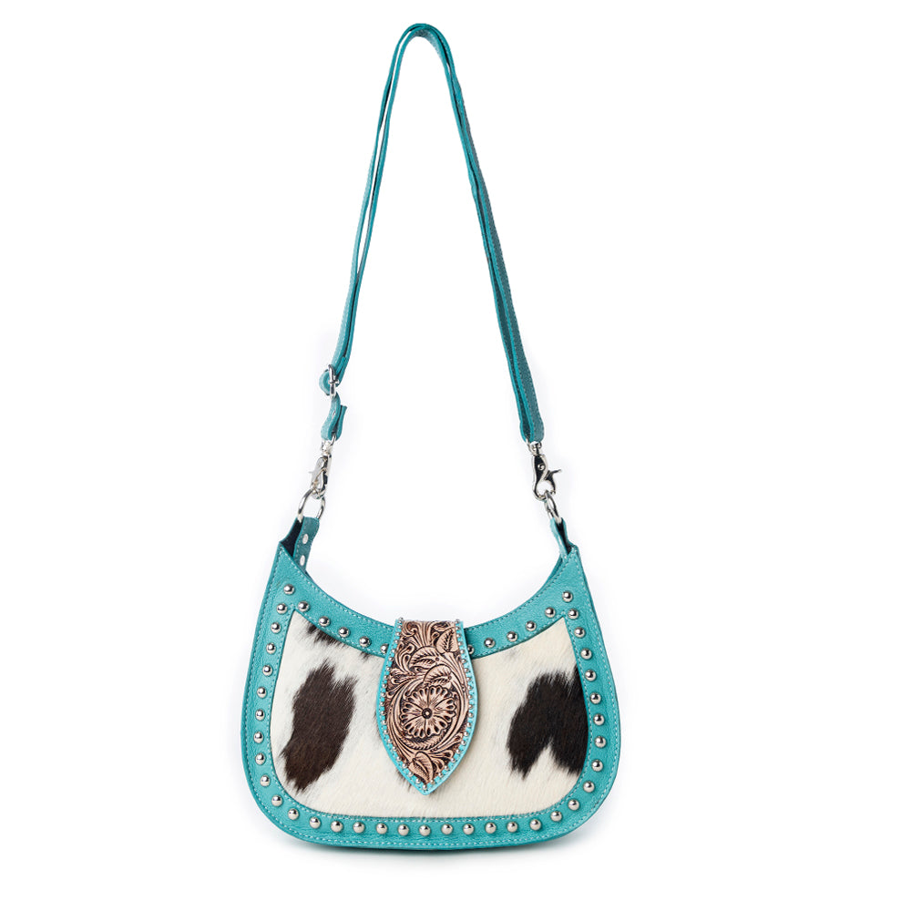 MYRA SANTA FE HANDTOOLED BAG FOR WOMEN IN TURQUOISE WITH HAIRON AND STUDDED DETAIL